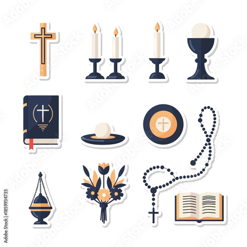 A collection of Christian religious symbols and items, including a cross, candles, chalice, Bible, hosts, rosaries, censer, and flowers.