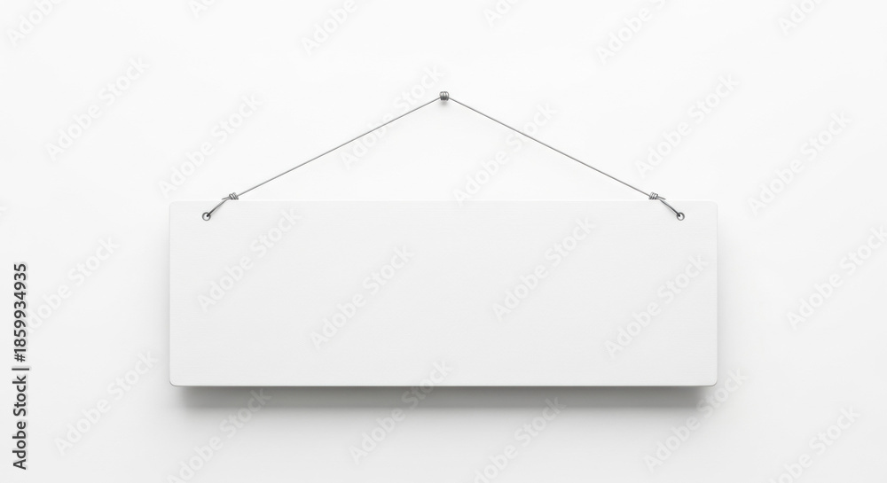 Naklejka premium A clean white rectangular signage hangs centered on a textured white wall, ready for advertising. The simple design offers ample copy space.