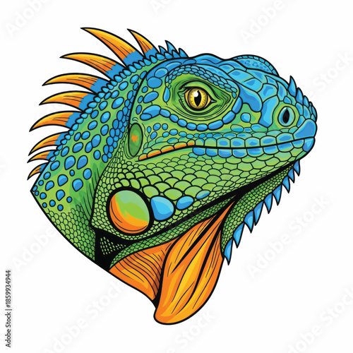 Vivid colorful lizard head illustration with blue, green, and orange scales in closeup.