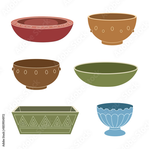 A collection of six diverse decorative bowls and planters in various shapes, colors, and patterns, showcasing different pottery styles.