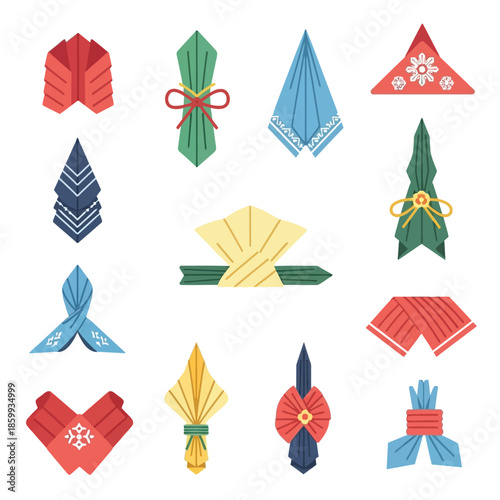 A collection of twelve intricately folded fabric napkins in various colors and decorative styles.