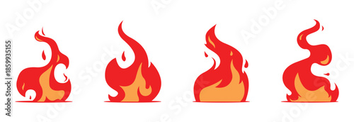 Fire flames, bright fireball, heat wildfire and red hot bonfire, campfire, red fiery flames isolated vector illustration set. 