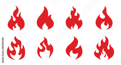 Fire flames, bright fireball, heat wildfire and red hot bonfire, campfire, red fiery flames isolated vector illustration set. Animated form and square, fireball and flame	