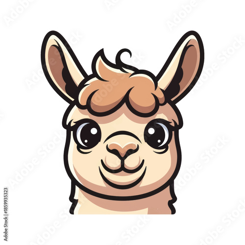Playful cartoon alpaca head portrait with big eyes, soft fur, and friendly expression.