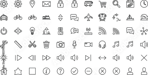 Minimal user interface and multimedia icon set featuring navigation controls transport media playback communication and system symbols in clean outline vector style