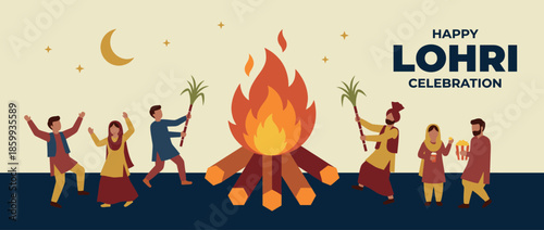Vector illustration of Indian people dancing around a bonfire with sugarcane under a crescent moon. Concept of Happy Lohri festival celebration and Punjabi winter traditions