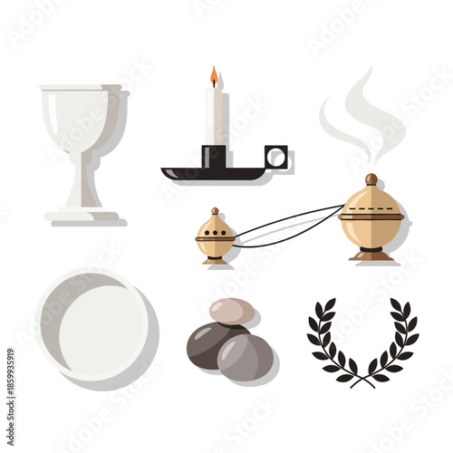 A collection of religious and spiritual items including a chalice, paten, candle, incense burners, stones, and a laurel wreath.