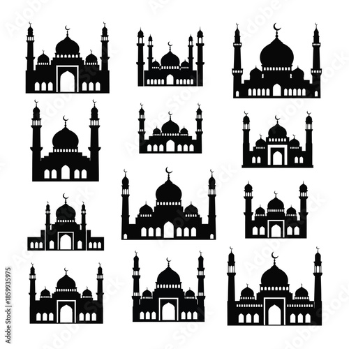 Collection of various black mosque silhouettes with domes and minarets, representing Islamic architecture and places of worship.