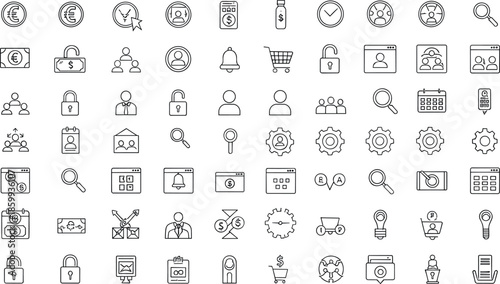 Business and finance line icon set featuring money, users, security, settings, shopping, analytics and management symbols in clean outline vector style