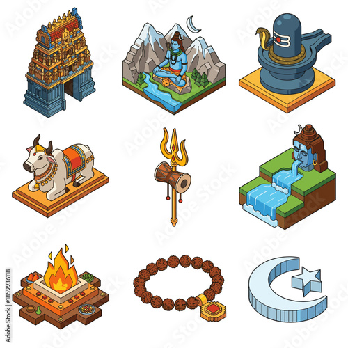 Isometric Lord Shiva Vector Illustrations Set 3D Style Hindu God Temple Mount Kailash Lingam and Sacred Fire Havan for Religious Festival Concept