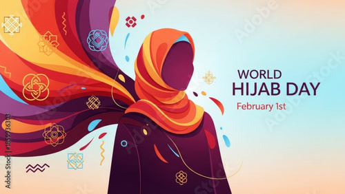 A woman wearing a hijab celebrates World Hijab Day with vibrant colors and patterns