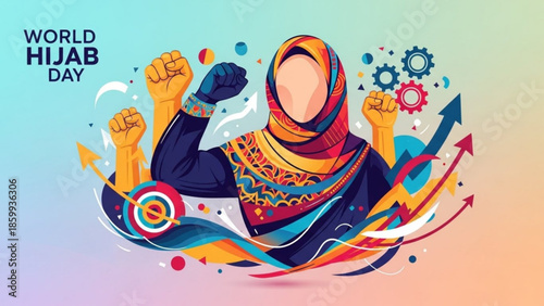 A woman wearing a hijab flexing her muscles in a vibrant, colorful illustration celebrating empowerment