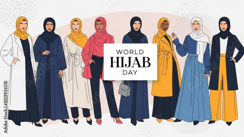 Diverse group of women wearing hijabs together on World Hijab Day celebration illustration