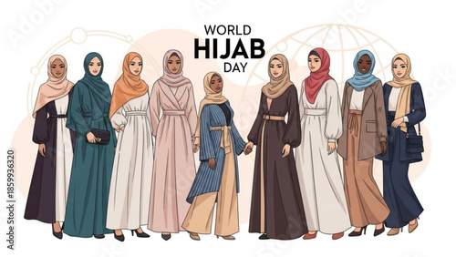 Diverse group of women wearing traditional clothing and hijabs celebrating cultural identity on World Hijab Day