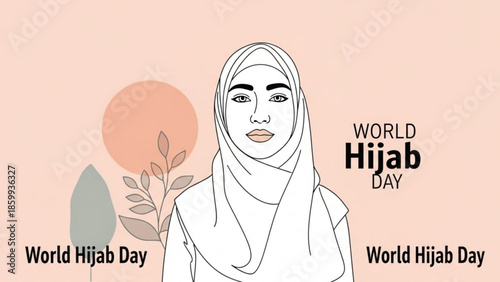 A young woman wearing a hijab, celebrating World Hijab Day with a gentle smile, surrounded by minimalist floral elements.
