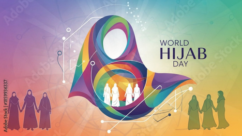 Celebrating World Hijab Day with diverse women wearing hijabs in a vibrant, rainbow-colored background