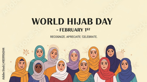 Diverse group of women wearing hijabs celebrating World Hijab Day on February 1st with unity and solidarity