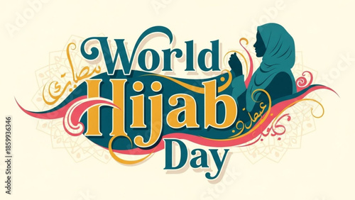 Woman wearing hijab celebrating World Hijab Day with elegant graphic illustration