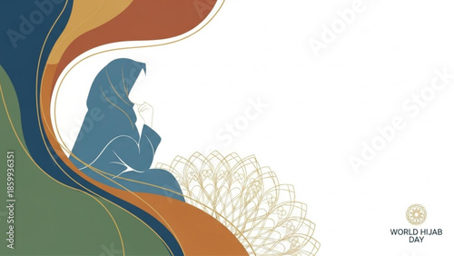 Woman sitting in contemplation surrounded by flowing abstract shapes and floral elements