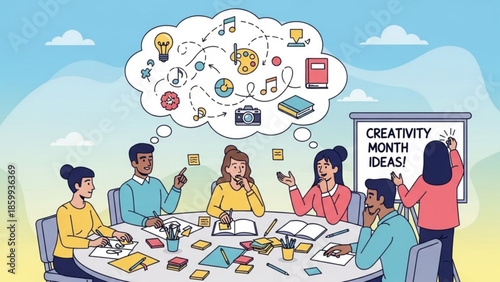 A group of people brainstorming creativity ideas together around a table with various objects and a whiteboard in a bright environment.