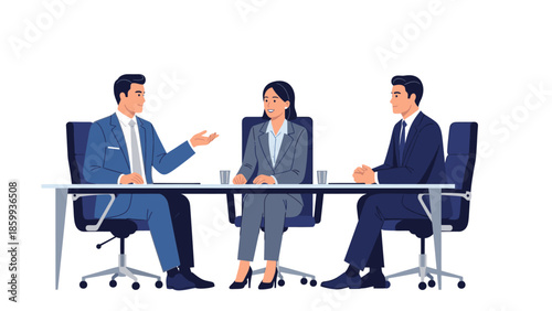 Corporate formal team meeting with startup tech professionals in a conceptual office setting discussing business strategies.