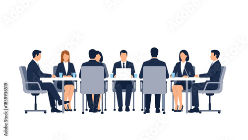 Illustration of a diverse group of business professionals sitting around a table in a corporate formal setting for a meeting with a creative conceptual style.