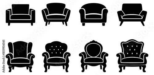 Graphic armchair icon set featuring various furniture designs for interior decoration