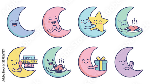 Cute cartoon moons with different emotions and activities.