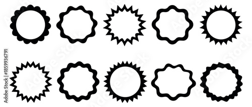 Graphic badge frames set featuring scalloped, wavy, and jagged circular designs for text and content display