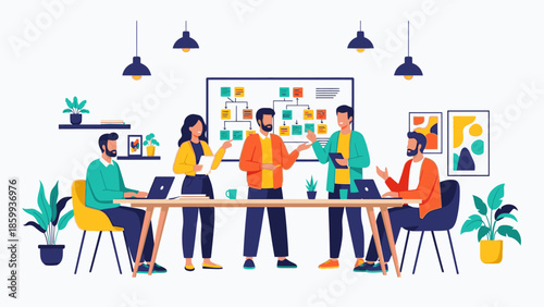 A diverse group of business professionals engaged in a creative conceptual meeting around a table with laptops and a whiteboard in a modern office setting with a corporate formal atmosphere.