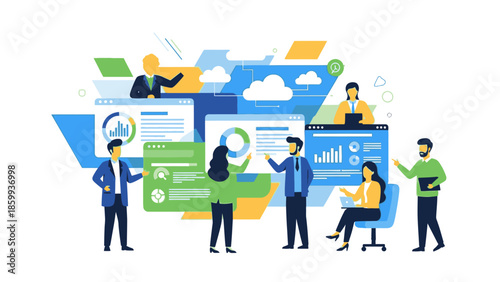 Illustration of a diverse team collaborating in a modern office setting with various digital devices and graphs, conveying a corporate formal and tech-savvy atmosphere with a creative