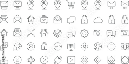 User interface and web application line icon set featuring messaging, location, security, navigation, media controls and system symbols in clean outline vector style
