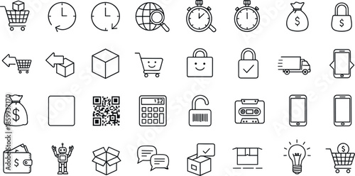 Ecommerce, logistics and business line icon set featuring shopping, payment, delivery, time tracking and digital commerce symbols in clean outline vector style