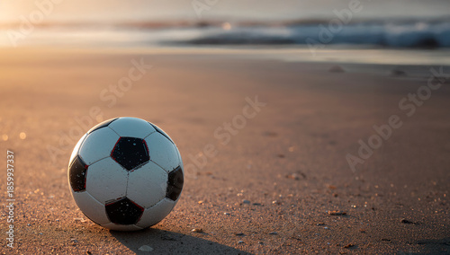 Esporte e natureza: bola de futebol em cenário praiano com luz dourada ao pôr do sol