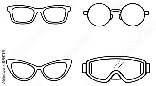 Hand drawn line art eyewear set featuring various styles of sunglasses, spectacles, and goggles for fashion, vision, and protection concepts