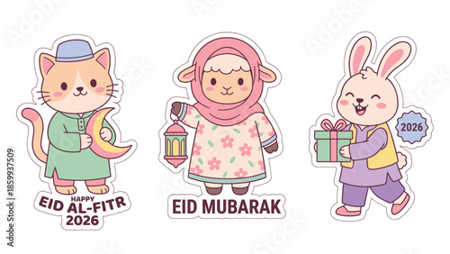 Cute Eid Al Fitr and Eid Mubarak cartoon characters celebrating Islamic holidays.