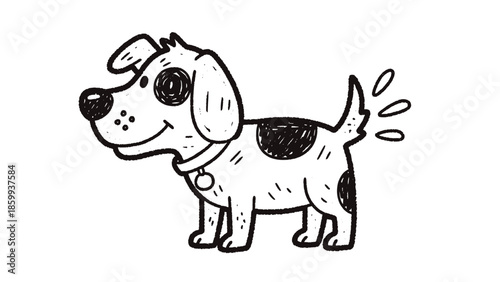 A simple black and white line drawing of a dog with a collar and spots.