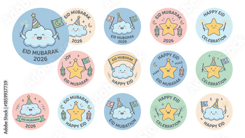 Cute Eid Mubarak Stickers with Cartoon Clouds and Stars.