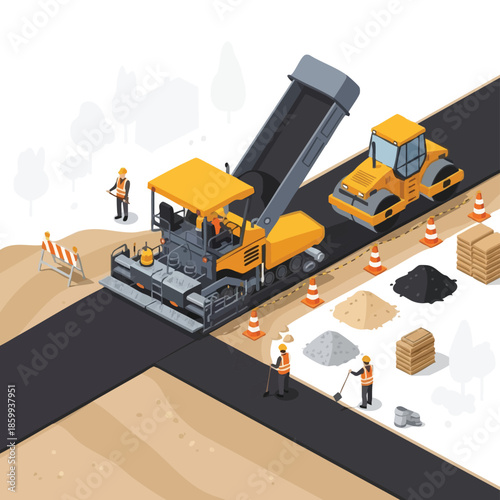 road construction equipment and workers.