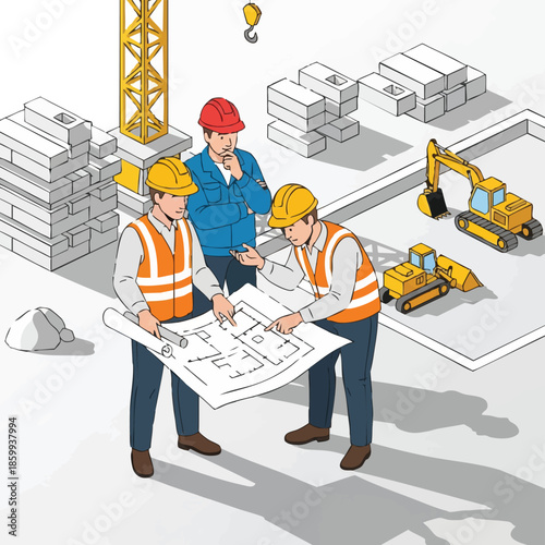 construction workers reviewing blueprint on building site.