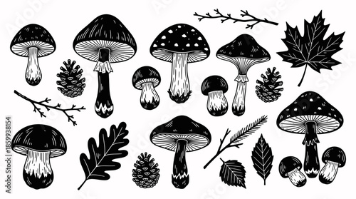 Linocut Forest Mushroom Set Autumn Silhouette