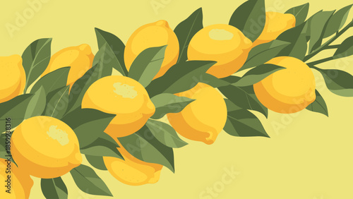 Vibrant Lemon Branch Illustration with Green Leaves on Yellow Background