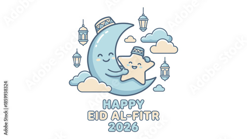 Cute Moon and Star Celebrating Eid Al-Fitr.