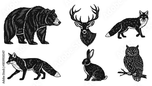 Linocut Forest Animal Set Vintage Woodcut