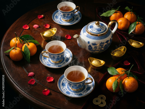 Traditional Chinese tea set with steaming tea, mandarin oranges, and gold ingots on dark wooden table. Lunar New Year still life.
