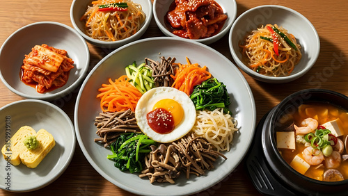 Traditional Korean feast vibrant Bibimbap, assorted colorful banchan side dishes, and a hearty stew. A complete and delicious Asian culinary experience
