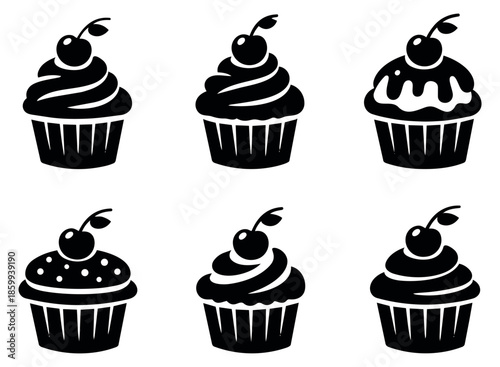 Solid silhouette dessert set featuring cupcakes with cherries, frosting, and sprinkles for bakery and celebration designs