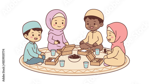 Diverse group of children sharing a meal together.