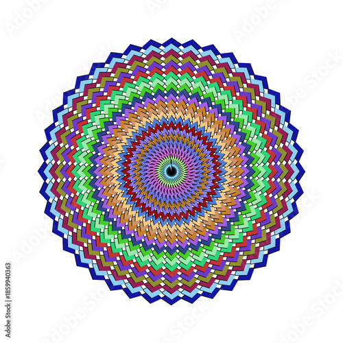 Colorful Geometric Mandala with Intricate Repeating Circular Layers, Abstract Vector Art on White Background