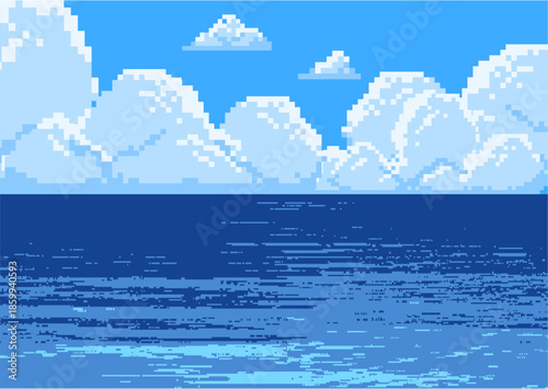 Pixel art seascape with a calm blue ocean, gentle waves, and fluffy clouds under a bright sky, creating a peaceful retro coastal horizon.